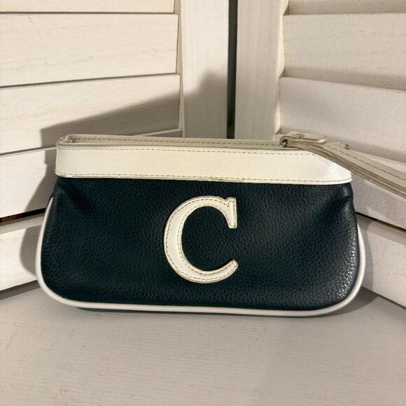 Dark Navy White Faux Leather Wristlet letter C - Picture 1 of 2